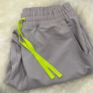Figs Scrub Set in Slate Gray with Neon Yellow Accents. MEDIUM